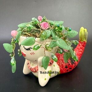 Handmade Beaded Forever Plant Crystal Teardrop Beads Ceramic Mermaid Planter